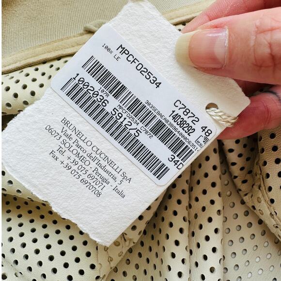NWT Brunello Cucinelli Tan Cream Laser Cut 100% Leather Bomber Jacket 48 / XL - Picture 10 of 16
